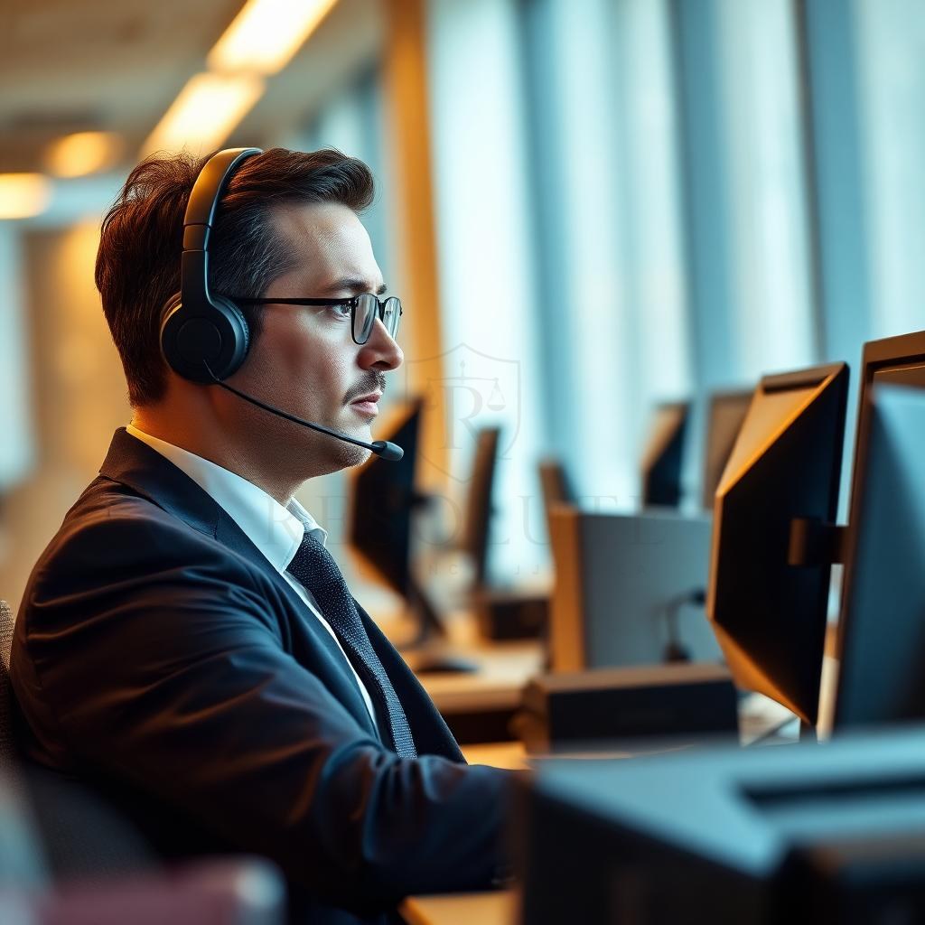 Assessor de cobrança de escritório atendendo o telefone em mesa com computadores