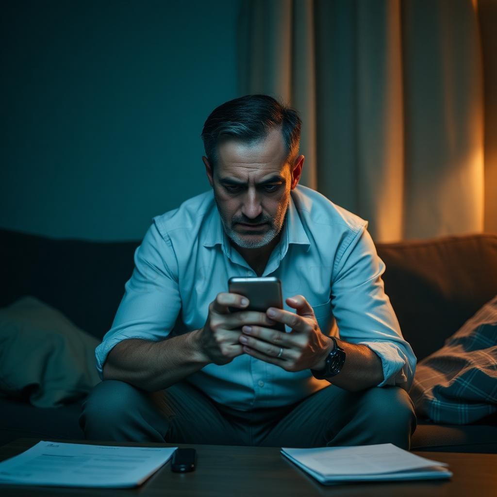Cliente ansioso em casa segurando o celular esperando retorno do banco