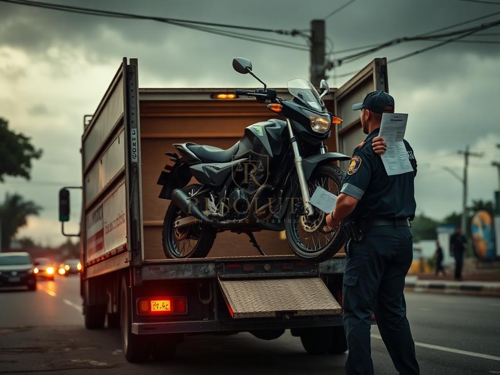 Motocicleta sendo apreendida e carregada em caminhão