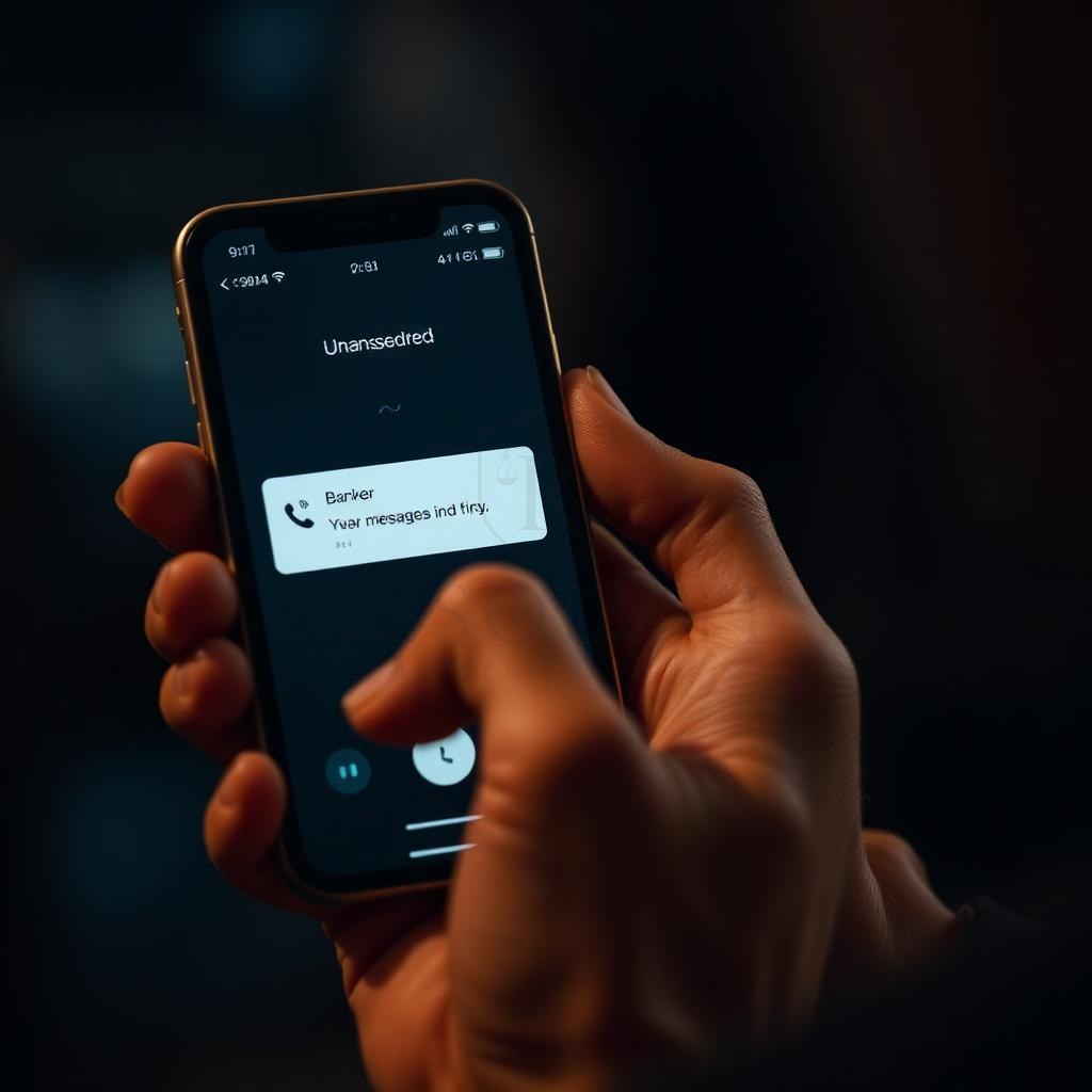 Celular com chamada não atendida e mensagem do banco