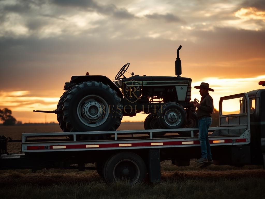 Trator agrícola sendo carregado em prancha para apreensão