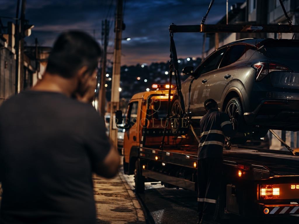 Carro sendo apreendido e levado por guincho