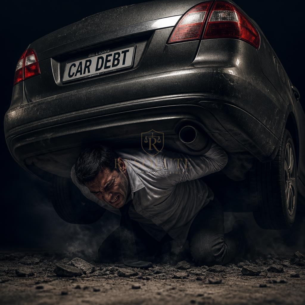 Homem sendo esmagado pelo peso de um carro financiado, representando a dívida
